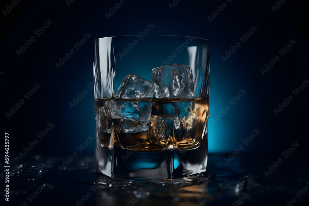 Wiskey beverage in glass with ice cubes on deep blue background. AI generative Wiskey beverage in glass with ice cubes on deep blue background. AI generative