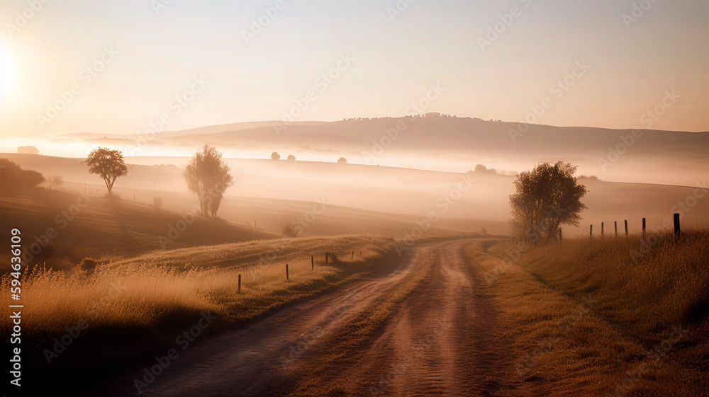 Tuscan countryside during sunrise, with a focus on the road and morning mist.