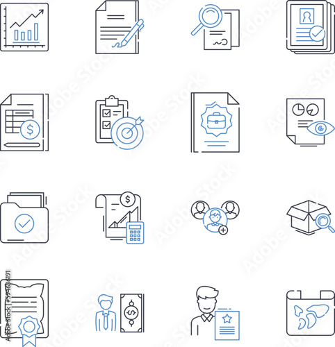 Information analysis line icons collection. Analytics, Data, Insights, Trends, Patterns, Metrics, Intelligence vector and linear illustration. Interpretation,Evaluation,Ratios outline signs set