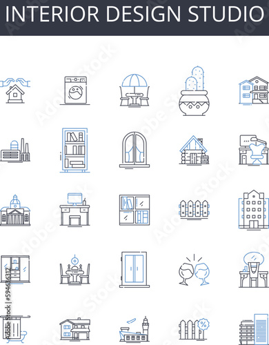 interior design studio line icons collection. Home decor studio, Interior decorating agency, Space planning company, Design workshop, Furnishing firm, Room styling business, Decorative arts studio