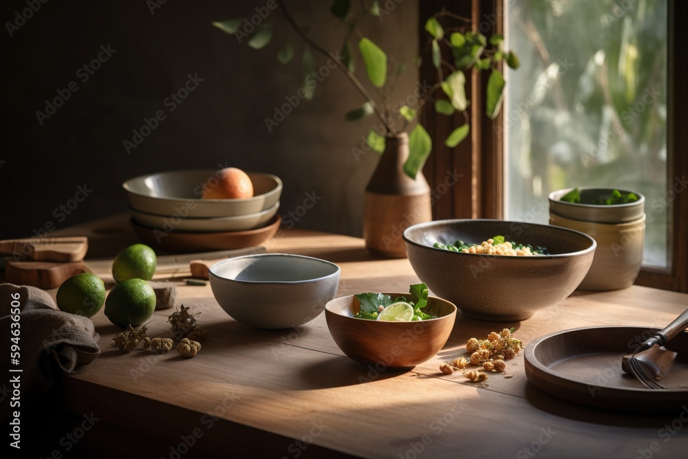 A Table With Bowls Of Food And A Cutting Board With A Knife Rustic Farm Interior Ceramics Ceramics Generative AI A Table With Bowls Of Food And A Cutting Board With A Knife Rustic Farm Interior Ceramics Ceramics Generative AI