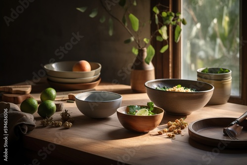 A Table With Bowls Of Food And A Cutting Board With A Knife Rustic Farm Interior Ceramics Ceramics Generative AI