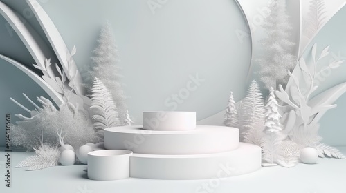Podium, showcase on pastel stucco background. Abstract geometric composition with branch and shadow on the wall 3D render.. Created with generative AI © Siarhei