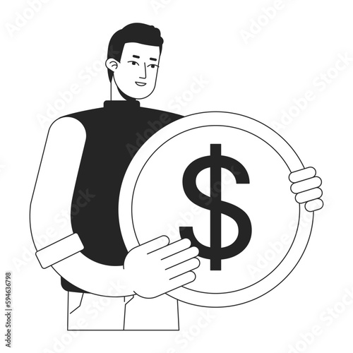 Startup fundraising bw concept vector spot illustration. Male angel investor 2D cartoon flat line monochromatic character for web UI design. Editable hero image for landing page, mobile header