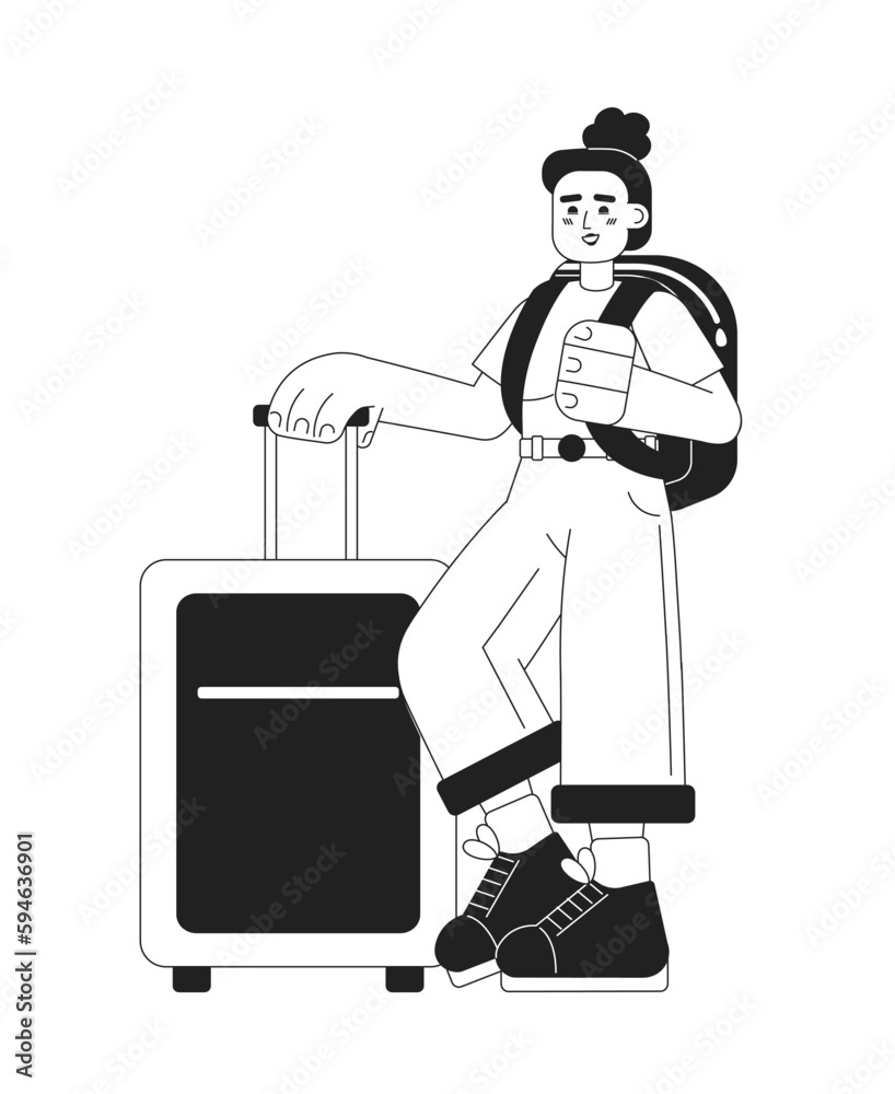 Female traveller with suitcase and backpack monochromatic flat vector character. Editable thin line full body person on white. Simple bw cartoon spot image for web graphic design, animation