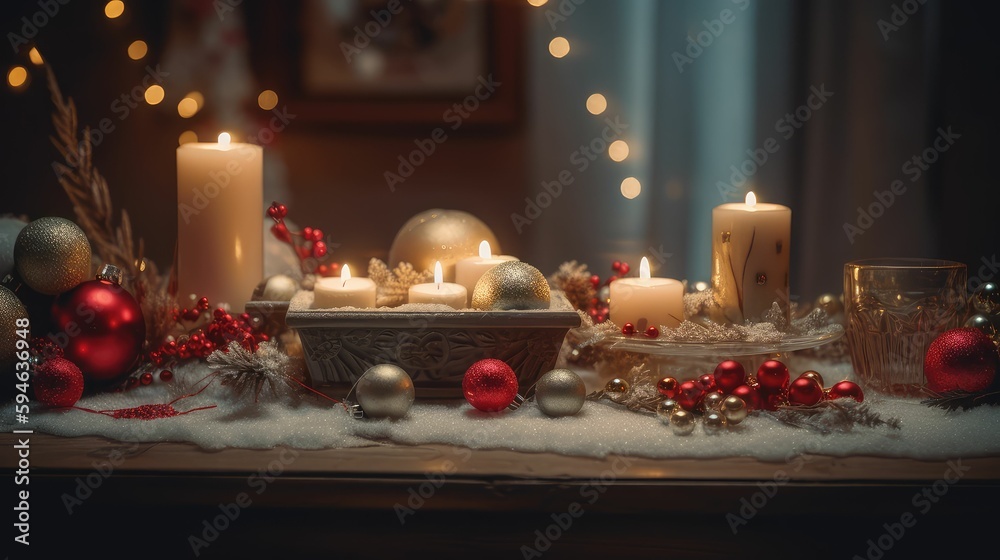Christmas background with gift boxes, clews of rope, paper's rools and decorations on red. Preparation for holidays. Top view with copy space.. Created with generative AI Christmas background with gift boxes, clews of rope, paper's rools and decorations on red. Preparation for holidays. Top view with copy space.. Created with generative AI