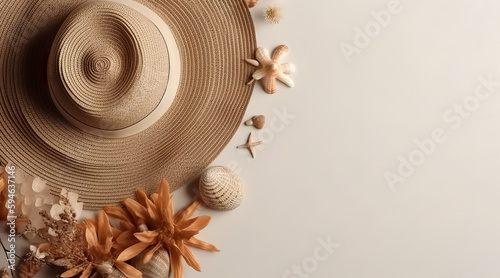 Straw hat and Flowers on sand beach. Summer Holidays concept. Generative AI