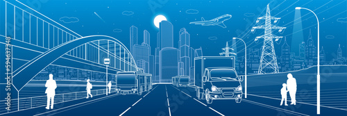 City transportation infrastructure illustration. Passengers get off the bus. people walk down the street. Energy pylons. Automotive highway. Cars move. Night town at background, vector design art