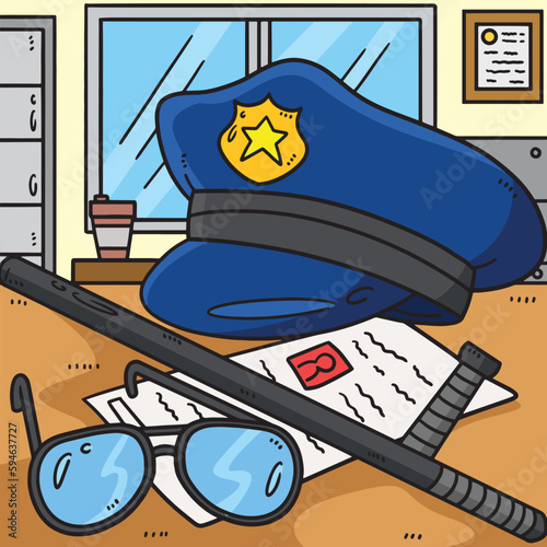 Police Hat And Baton Colored Cartoon Illustration