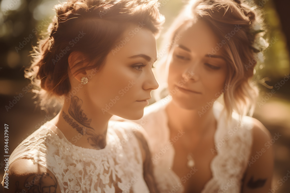 Two beautiful brides share a romantic moment in front of a picturesque backdrop, surrounded by the love and support of their family and friends LGBTQ wedding ai generated illustration Two beautiful brides share a romantic moment in front of a picturesque backdrop, surrounded by the love and support of their family and friends LGBTQ wedding ai generated illustration