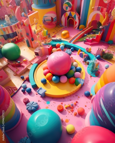 A Colorful Room With Balloons And A Table With A Ball On It Amusement Park Video Art Set Design Generative AI