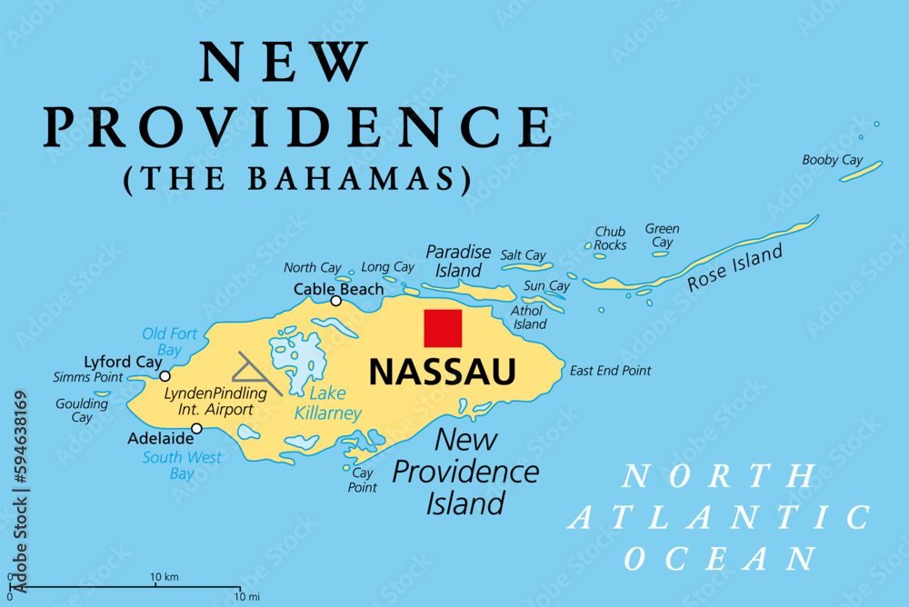 Photo & Art Print New Providence Island, political map, with Nassau ...