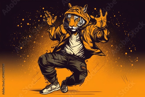 Tiger Cartoon Rapper Street Dancing Backdrop Generative AI © Johnathan