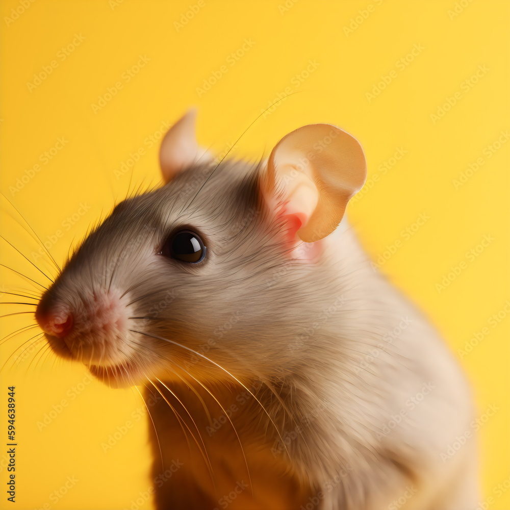 mouse close up looking left, isolated on yellow studio background, made with generative ai mouse close up looking left, isolated on yellow studio background, made with generative ai