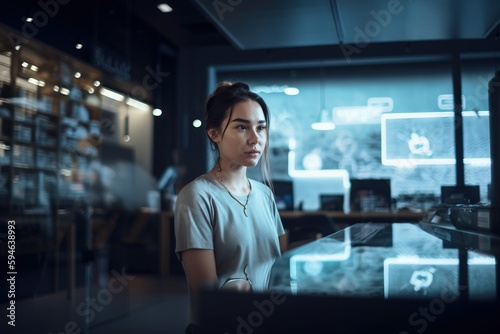 A Woman Standing In Front Of A Glass Display Case In A Store Workshop Advertising Photography Hr Analytics Generative AI © Yavor