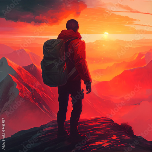 A man with a backpack on top of a mountain looks at the sunset