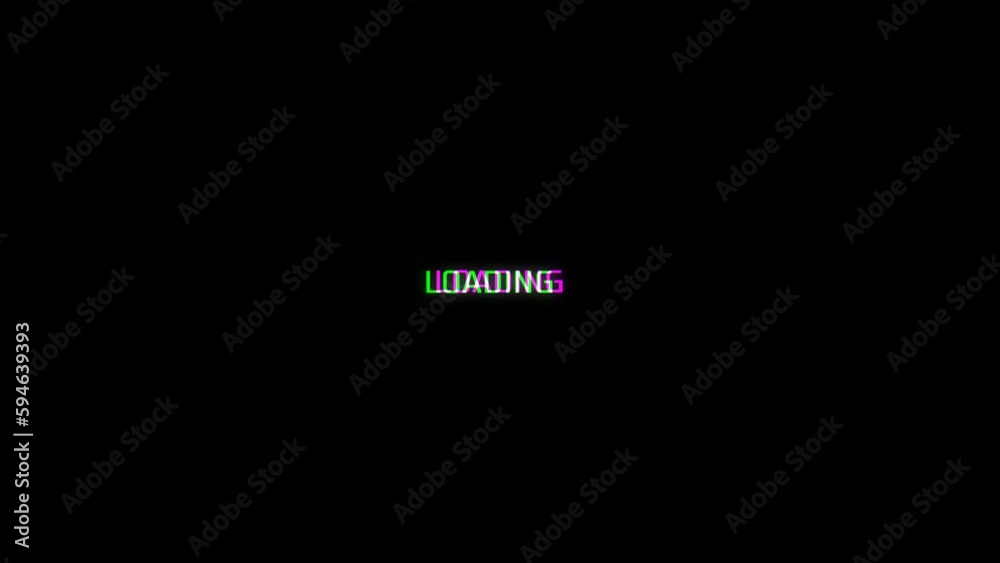Glitchy text LOADING, loop animation. Text LOADING with glitch effect, fast and random switch symbols and distortions. Glitch loading screen for game, web, banner.