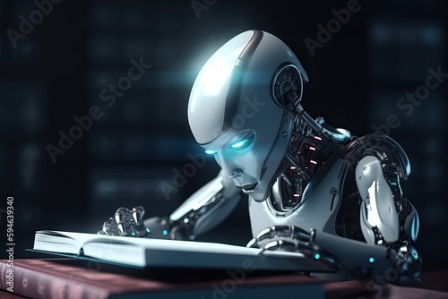 A robot man with artificial intelligence reads books and writes in a notebook, generative AI.