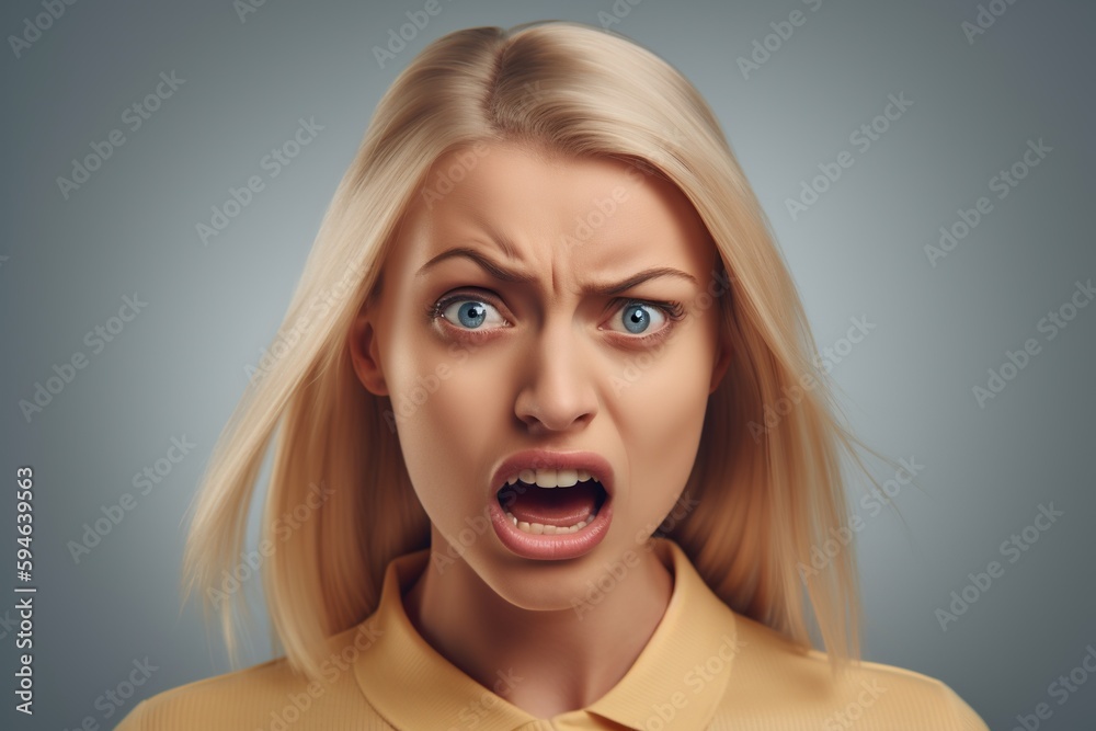 Portrait of a beautiful blonde with a screaming face. Generative AI Portrait of a beautiful blonde with a screaming face. Generative AI