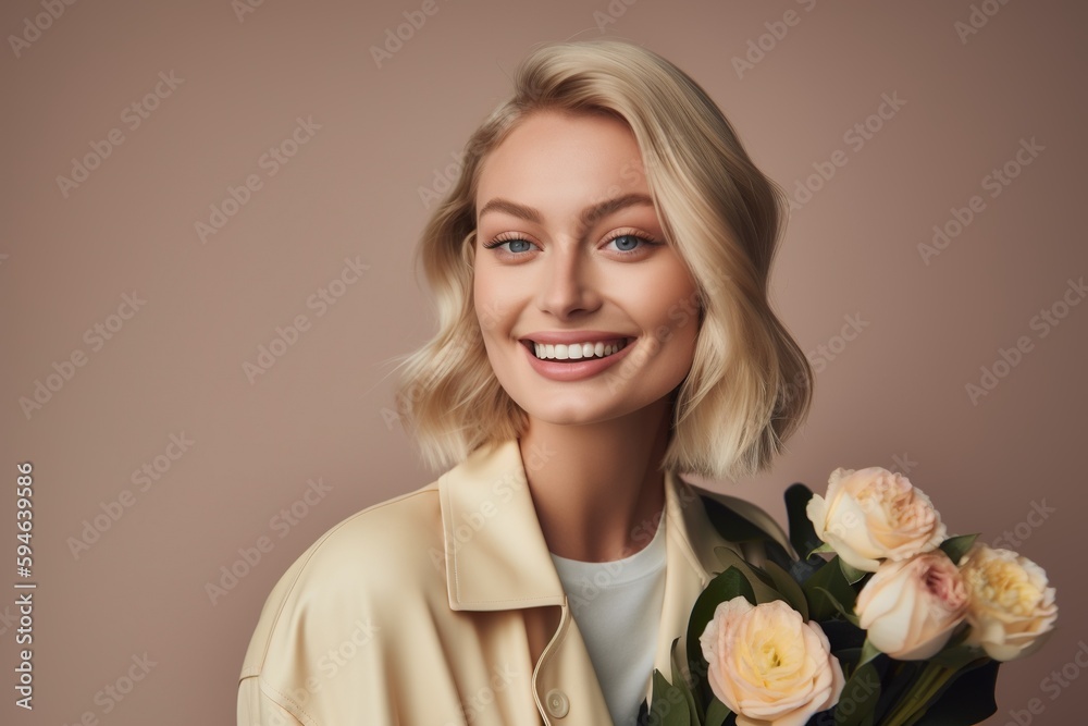 Portrait of a beautiful smiling blonde female holding flowers in hand. Generative AI Portrait of a beautiful smiling blonde female holding flowers in hand. Generative AI