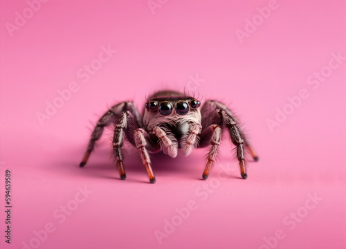 cute jumping spider isolated on pink studio background, made with generative ai
