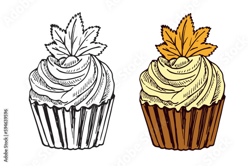 delicious and fresh cupcake with autumn leaves in white background vector illustration design
