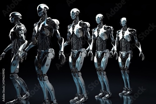 Robots with artificial intelligence in full growth in 3D on a black background, generative AI.