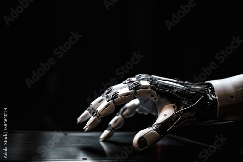 One robot hand close-up on a black background, generative AI. © Niko_Dali