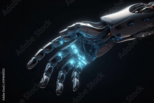 One robot hand close-up on a black background, generative AI.