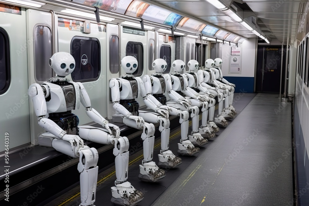 Fototapeta premium A group of robots with artificial intelligence are traveling in a subway car, generative AI.