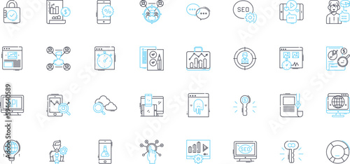 Paid advertising linear icons set. PPC, Keywords, Impressions, Clicks, Conversion, Bidding, ROI line vector and concept signs. Landing page,Targeting,Campaign outline illustrations