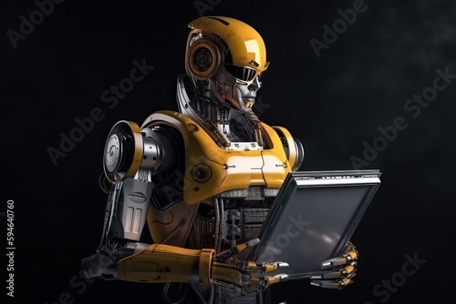 A robot engineer in yellow color at the enterprise, a robot with a female appearance, generative AI.