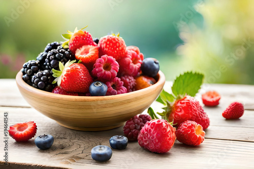 A Bowl of Berries Freshly Harvested Sitting Atop a Table. Generative AI