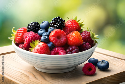 A Bowl of Berries Freshly Harvested Sitting Atop a Table. Generative AI
