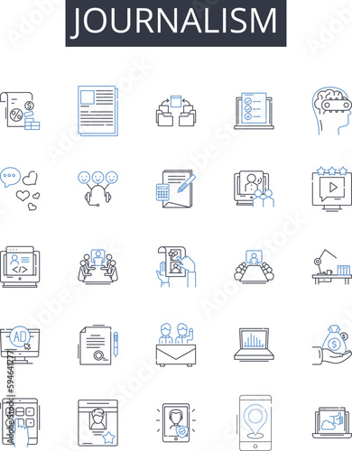 journalism line icons collection. News writing, Press coverage, Reportage style, Media reporting, News reporting, Prose writing, Feature writing vector and linear illustration. Reporting format,News © michael broon
