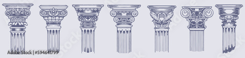 Ancient Greek Columns - Vintage Sketch Illustrations Set for Retro Design | Hand-Drawn Vector Art of Classic Architecture and Ornate Pillars, Decorative Elements for Historic Cultural Concepts