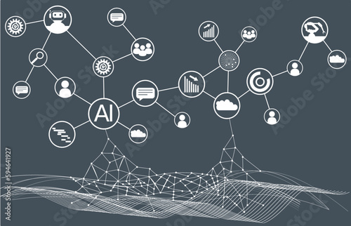 AI in der Gesellschaft und Industrie - Grafik mit vernetzten Symbolen - vernetzte weltweite Systeme