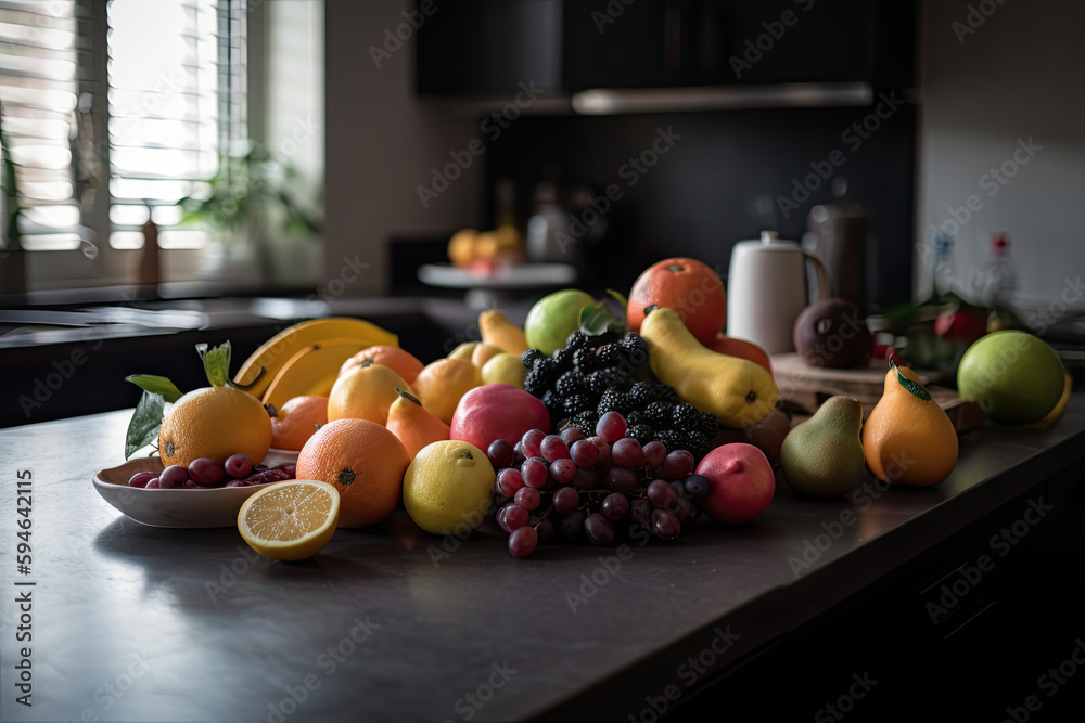 Different fruits on a table in the morning light. Generative AI