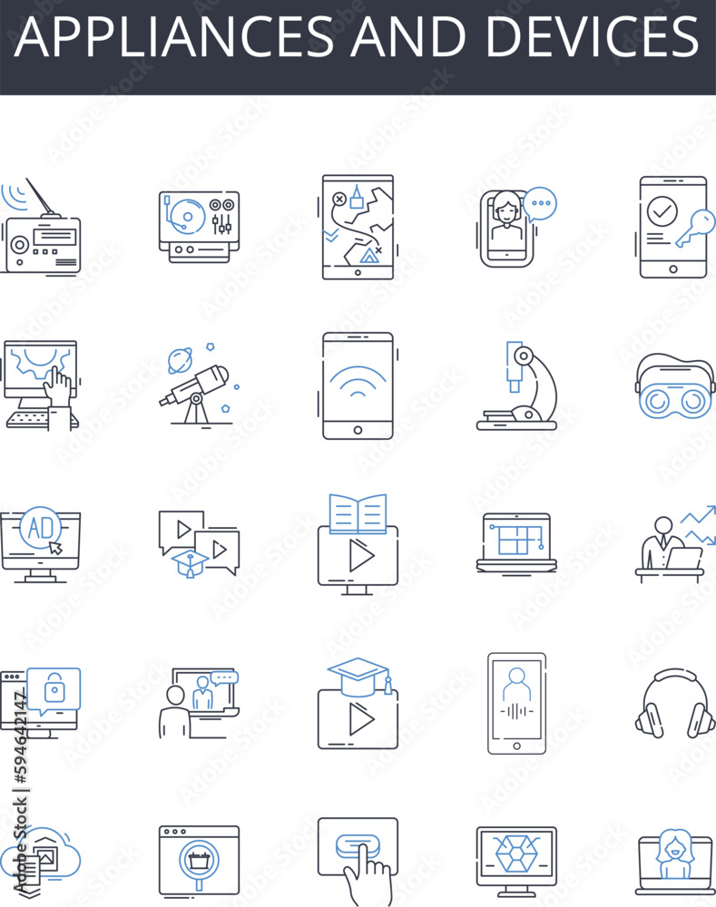 Appliances and devices line icons collection. Tools and gadgets, Items and things, Machines and contraptions, Equipment and apparatus, Devices and instruments, Technology and innovation, Electronics