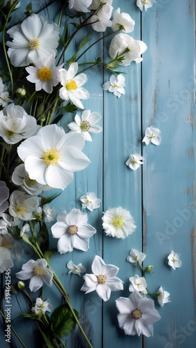 Blossoming flowers and stems on a blue wooden background. Wallpaper. © Melipo-Art