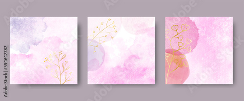 Trendy abstract square art templates with watercolor, flower and gold elements for greeting card, social media cover