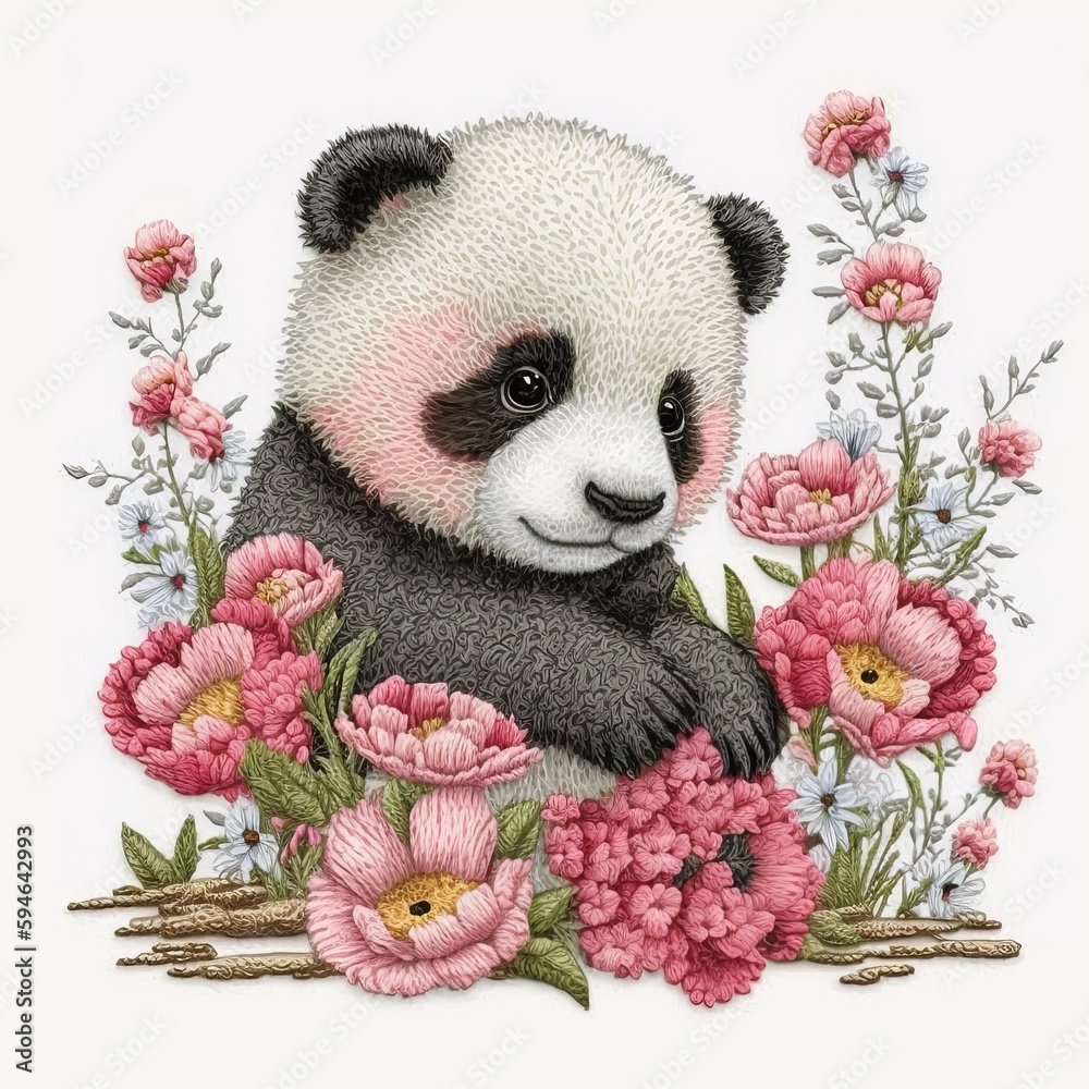 Cute panda with some flowers, white background Stock Illustration