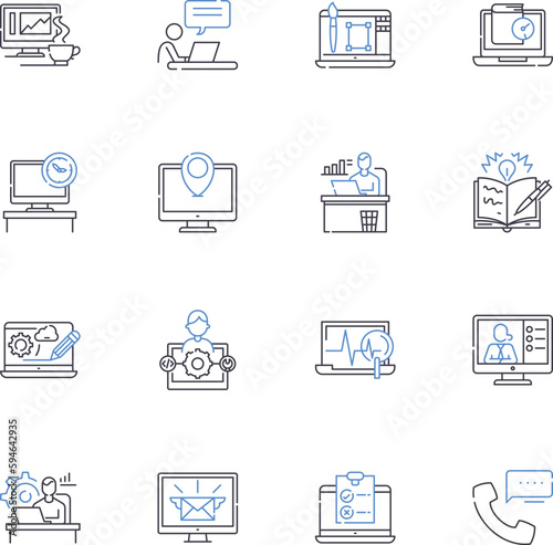 Work Venue line icons collection. Office, Cubicle, Desk, Meeting, Conference, Collaboration, Productivity vector and linear illustration. Efficiency,Deadline,Workspace outline signs set
