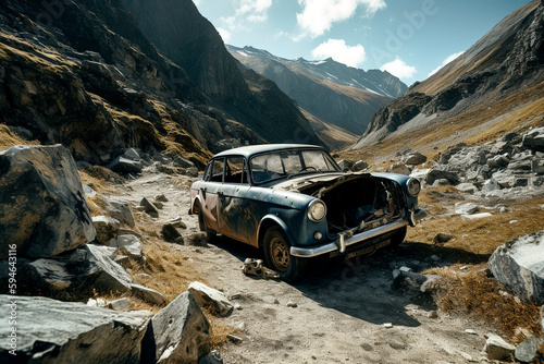 Partly destroyed and heavily damaged car on a mountain pass road. Mountains in the Background.