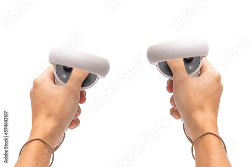 Adult Man Holding Virtual Reality Game Controllers on iSolated White Background, Futuristic Game Innovation.