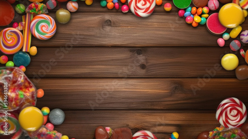 Colorful candy lollipops on a wooden table background, assorted party sweets, top view with copy space place for text, Holiday card Happy birthday party concept banner