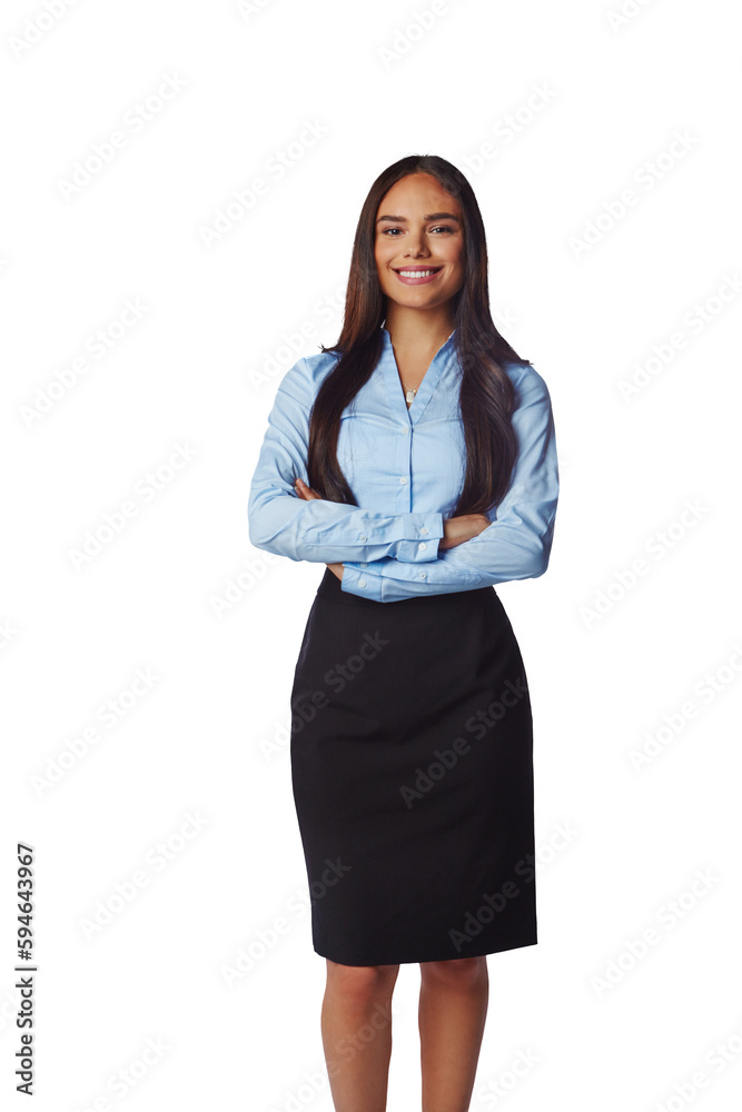 Happiness, portrait and business woman with arms crossed isolated on a transparent png background. Professional, smile and confident female person or entrepreneur from Brazil with pride for career.