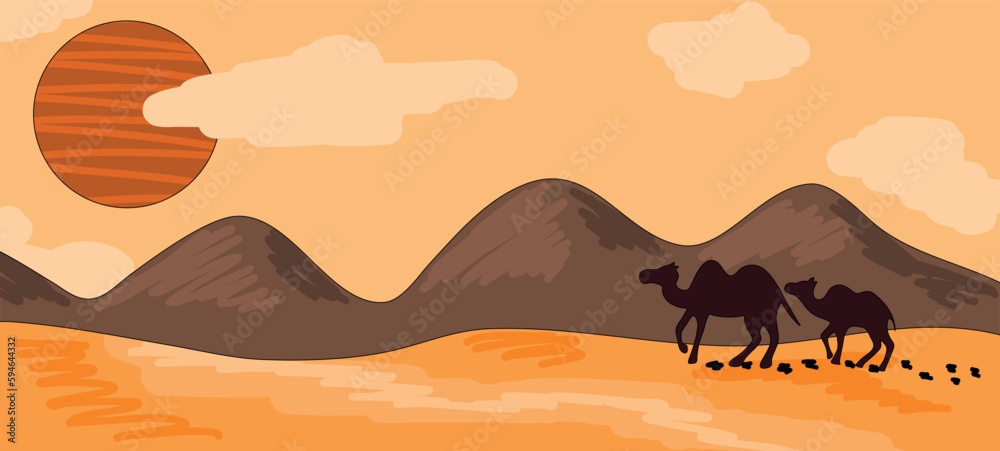 Vector colorful flat illustration: Desert panorama with camels