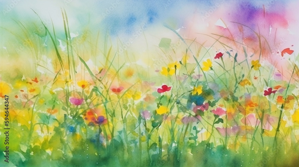 Watercolor painting of lush blooming summer meadow with colorful wildflowers. Beautiful artistic image for wallpaper, art print, background design. Generative AI. 