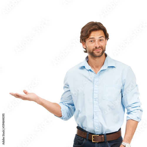 Portrait, business man and hand palm with space for idea or advertising on a transparent, png background. Face, happy man and hands for choice, promotion or marketing decision or launch of deal